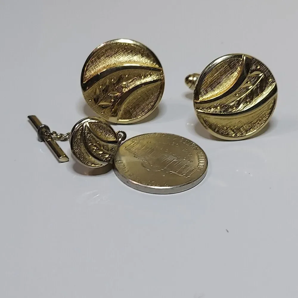 SET Cuff links Tie Tac Brushed with leaf pattern 3/4